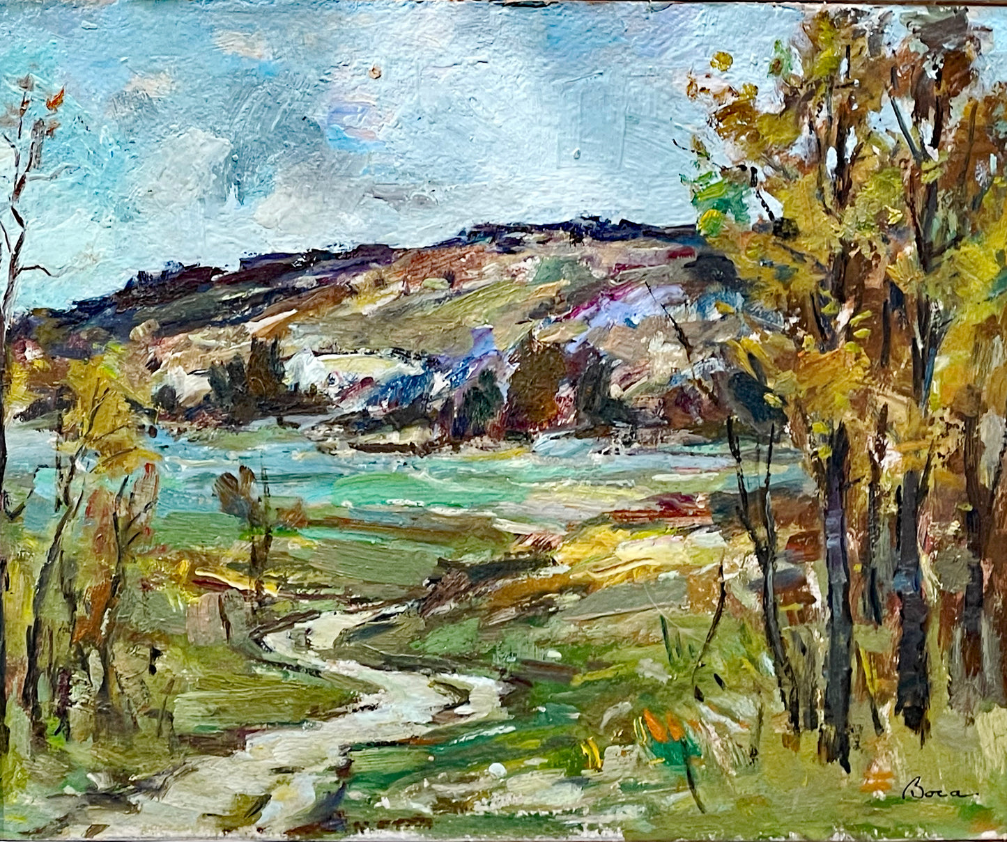Ștefan Boca "Toamnă" Autumn Landscape Oil Painting in Antique French Frame, Signed Romanian Impressionist Art