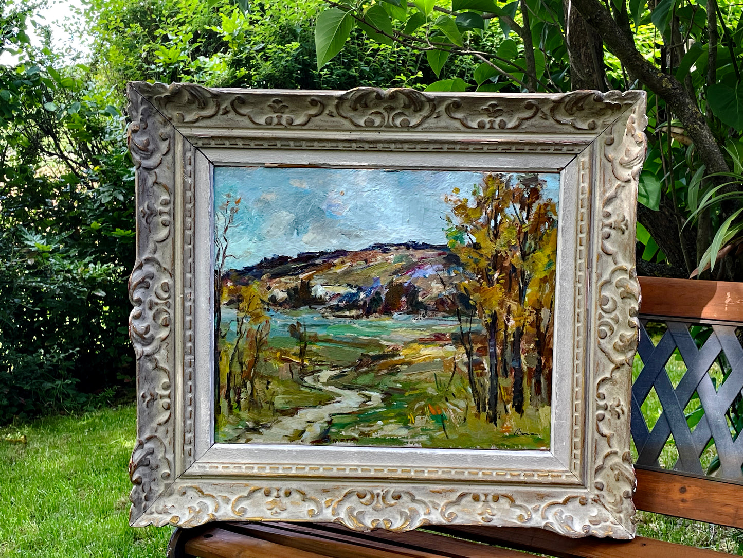 Ștefan Boca "Toamnă" Autumn Landscape Oil Painting in Antique French Frame, Signed Romanian Impressionist Art