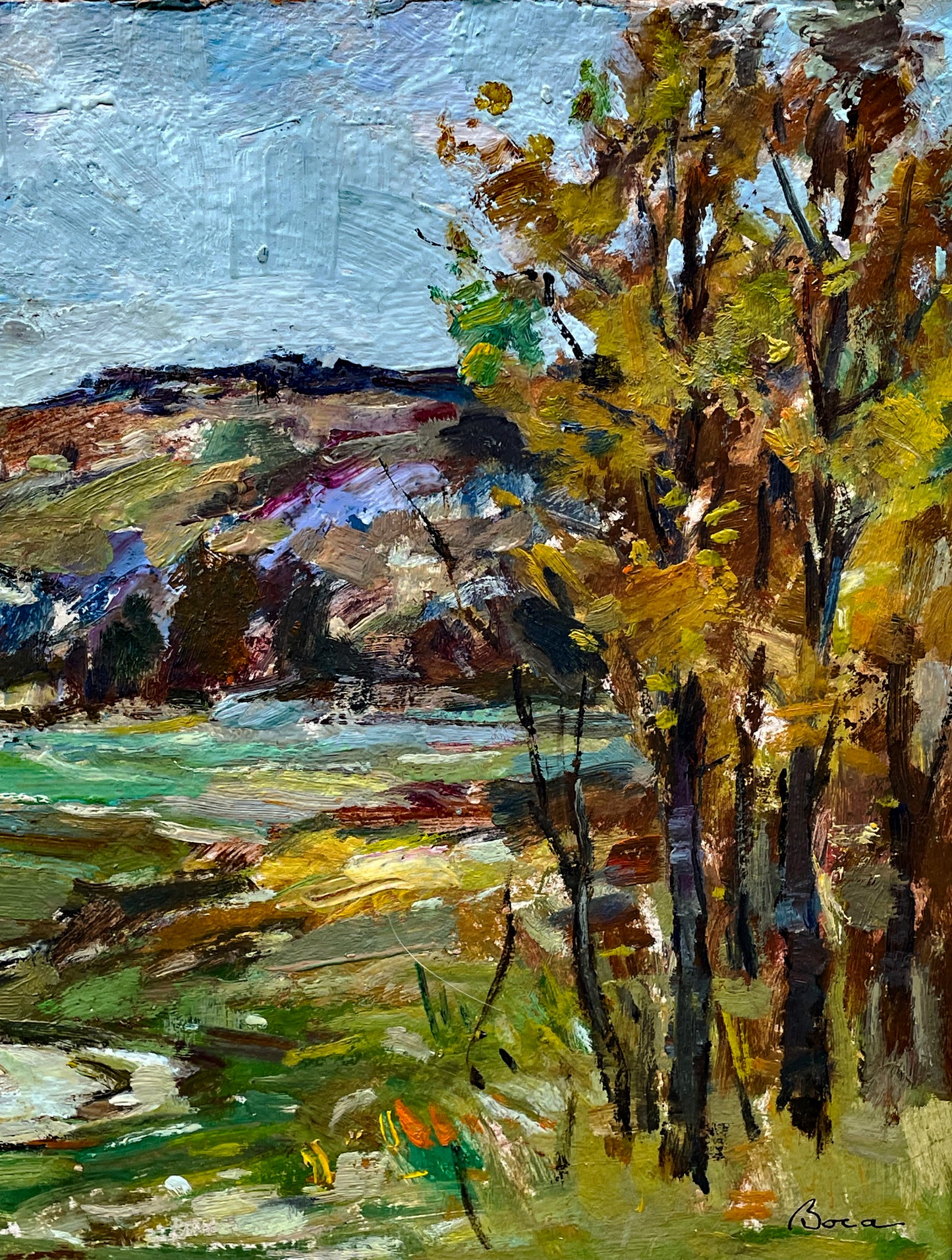 Ștefan Boca "Toamnă" Autumn Landscape Oil Painting in Antique French Frame, Signed Romanian Impressionist Art