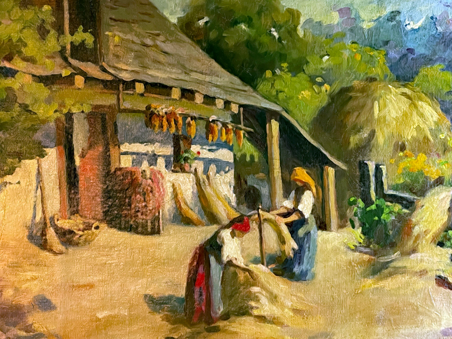 Detail of rural cottage and figures in the Hungarian oil painting