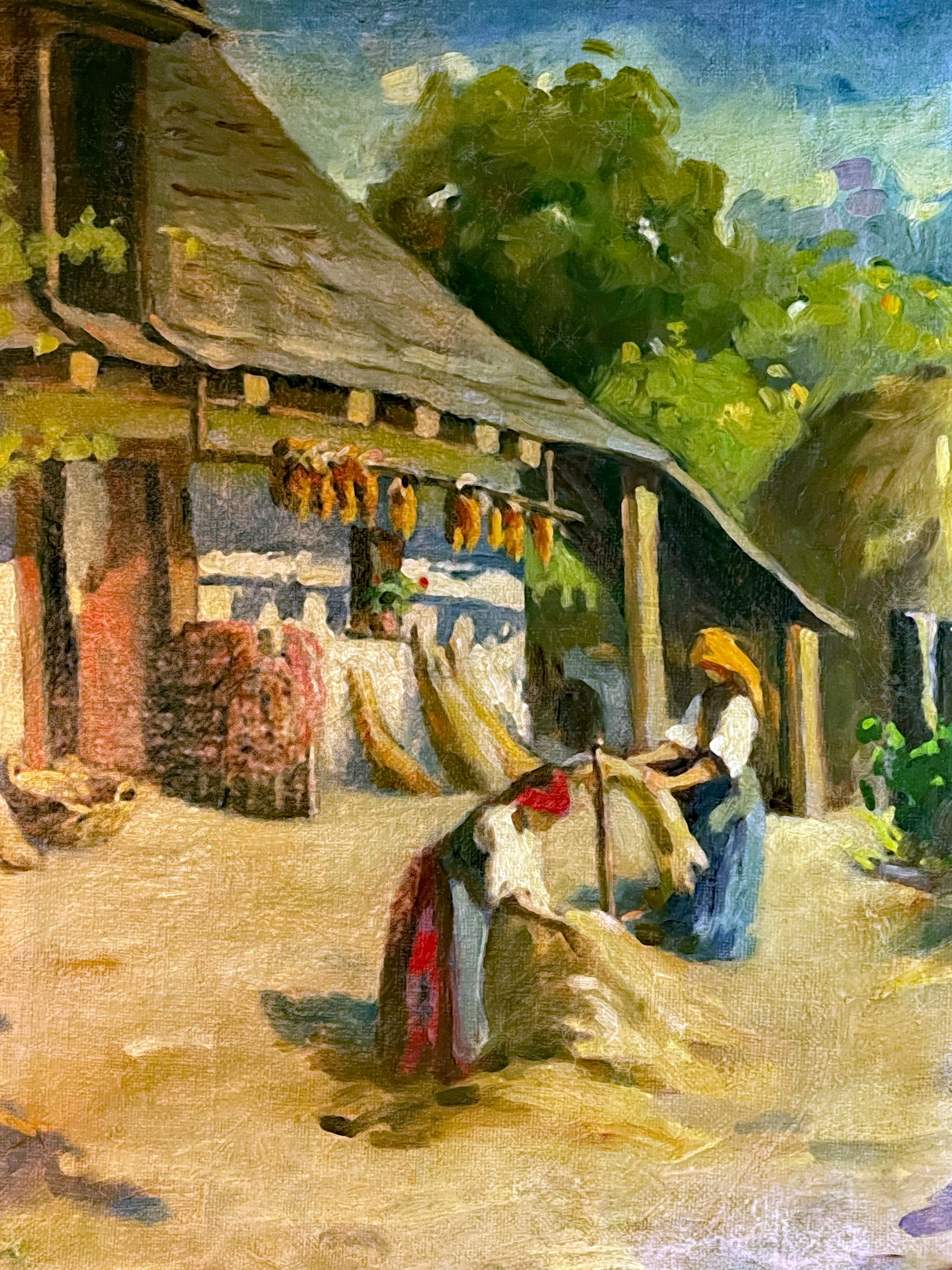 Harvest figures and hayricks in the antique oil painting