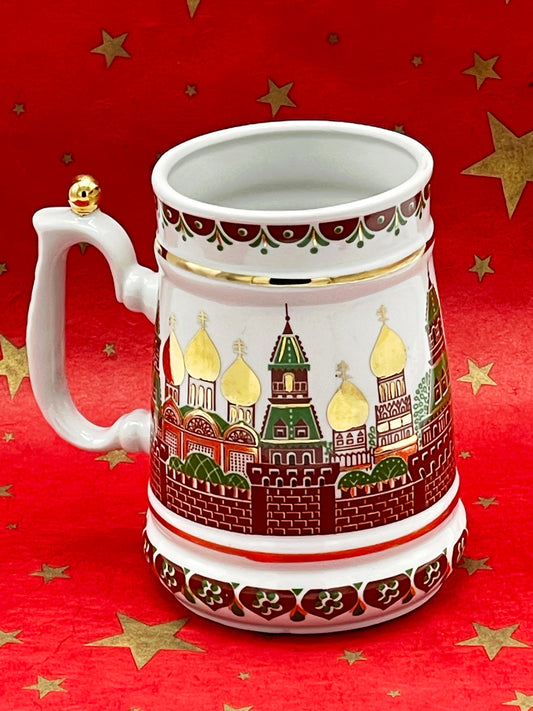Russian porcelain beer stein with gilded Kremlin cathedral motif