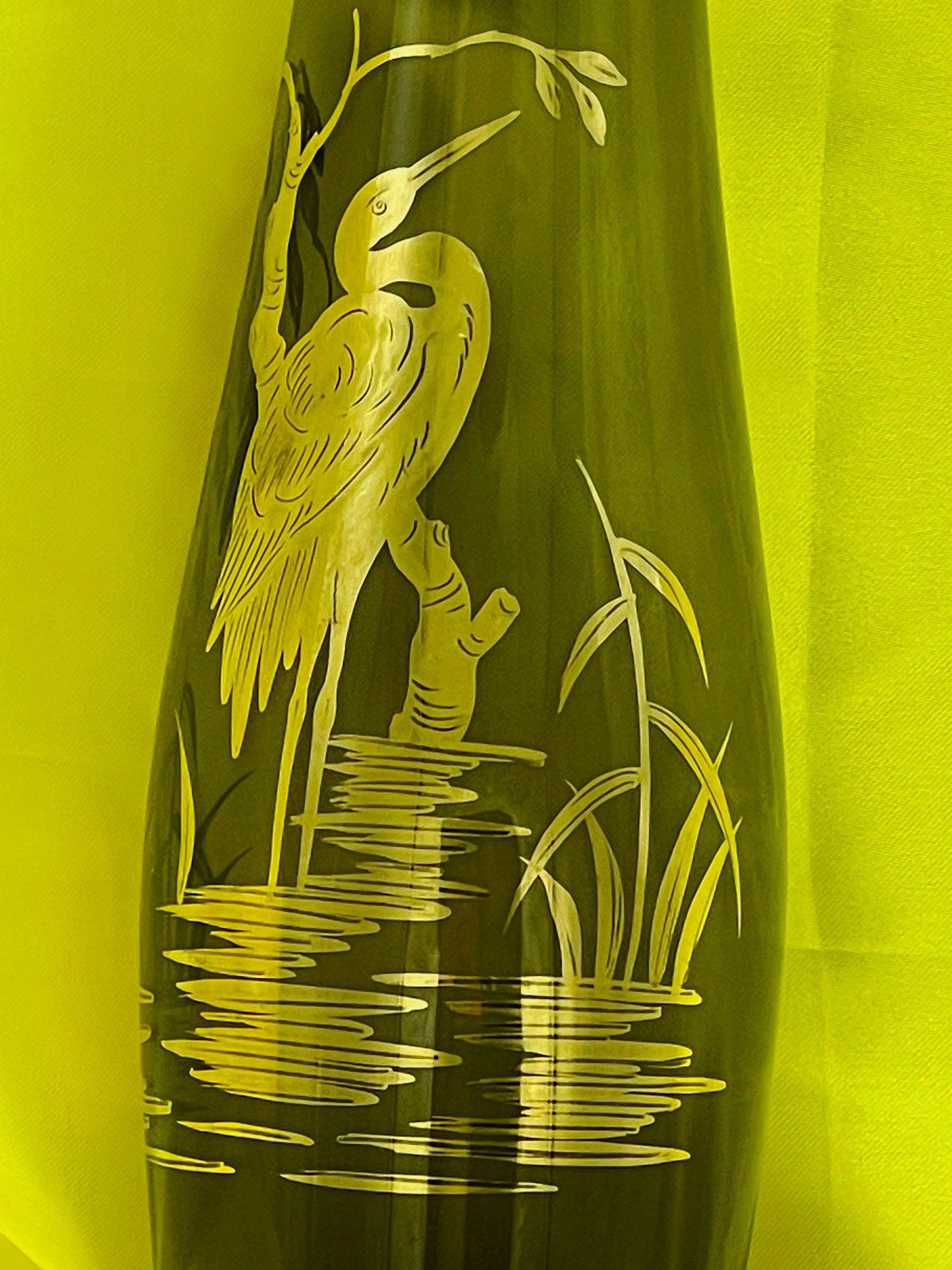 Full height view of 1950s German art glass vase