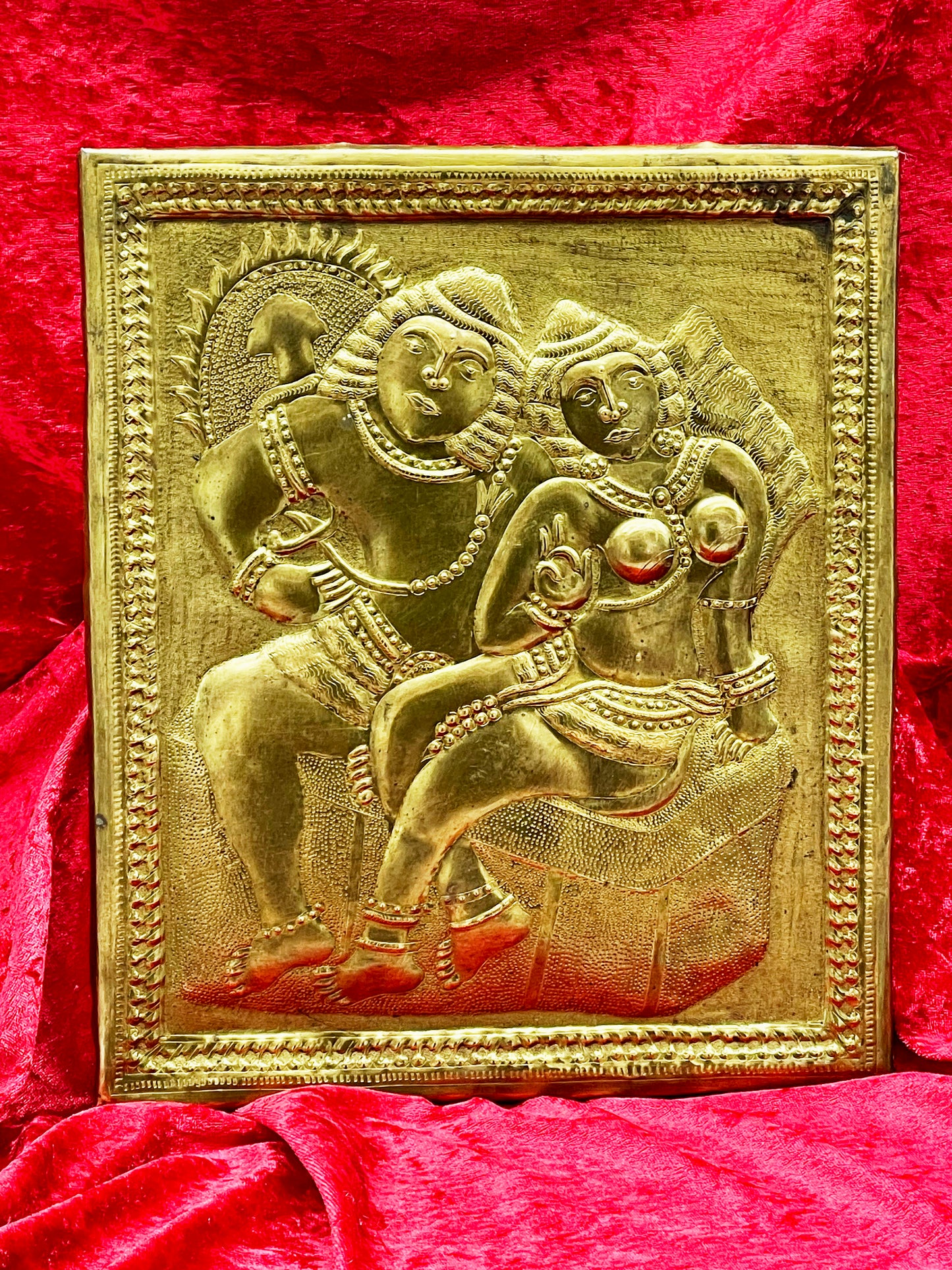 Hand-chased Siamese brass relief plaque of the divine couple Rama and Sita