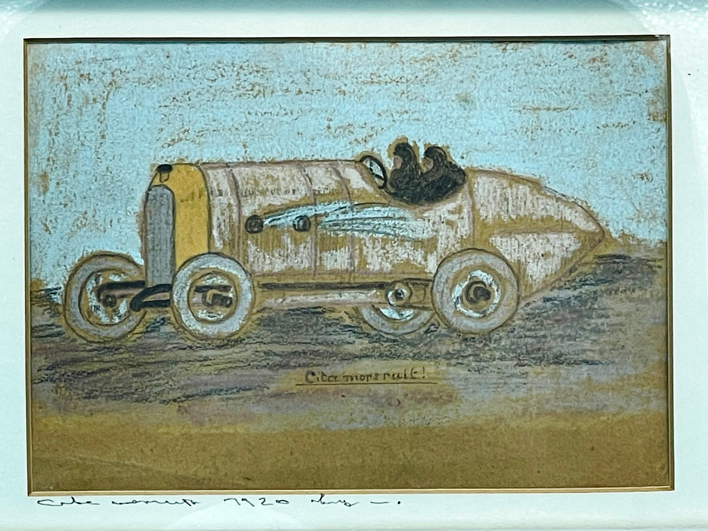 Vintage French pastel drawing of a historic racing car, framed under glass
