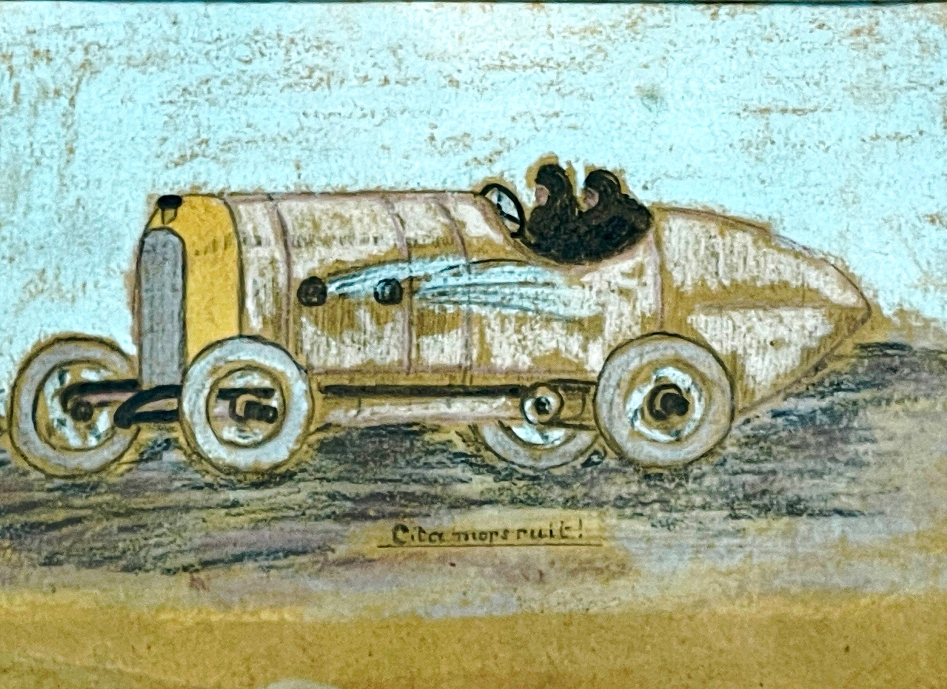 Pastel racing car drawing in frame, full view