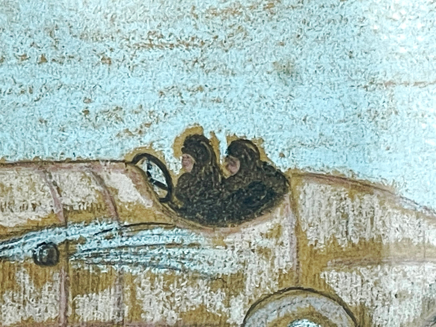 Detail of the signed pastel drawing of an early race car