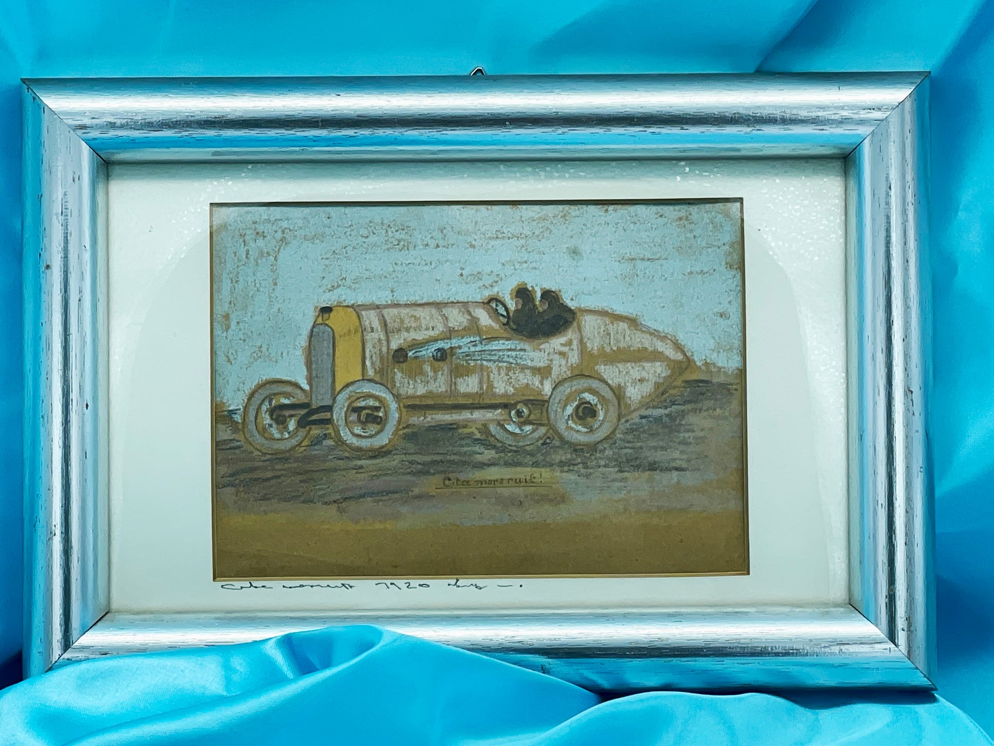 Close detail of the vintage racing car pastel artwork