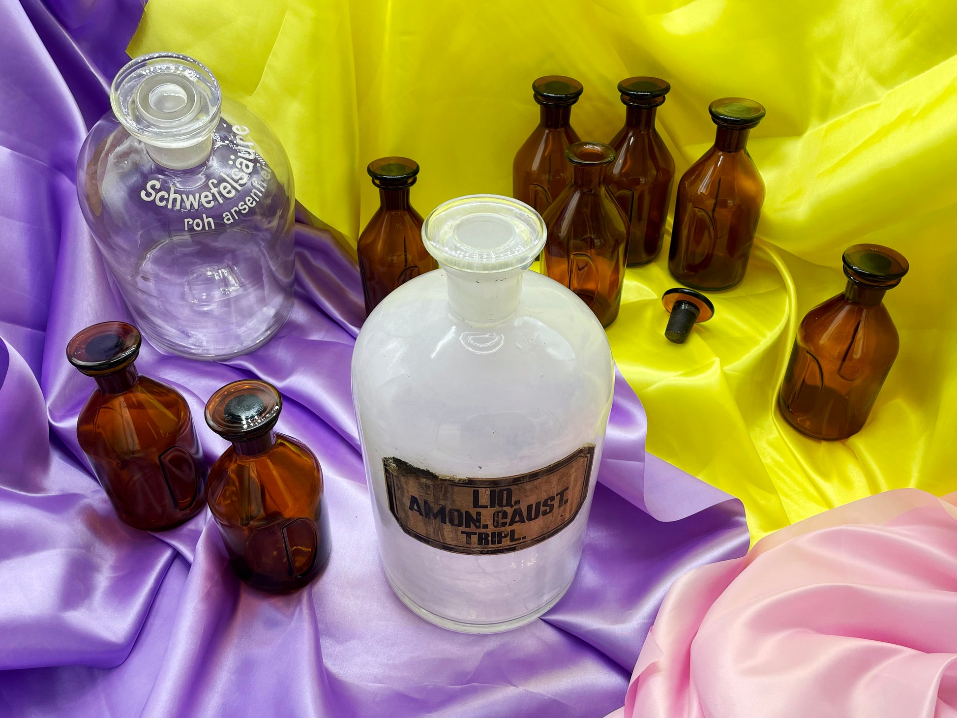 Vintage German laboratory and apothecary glass bottle set, large clear flasks and amber bottles