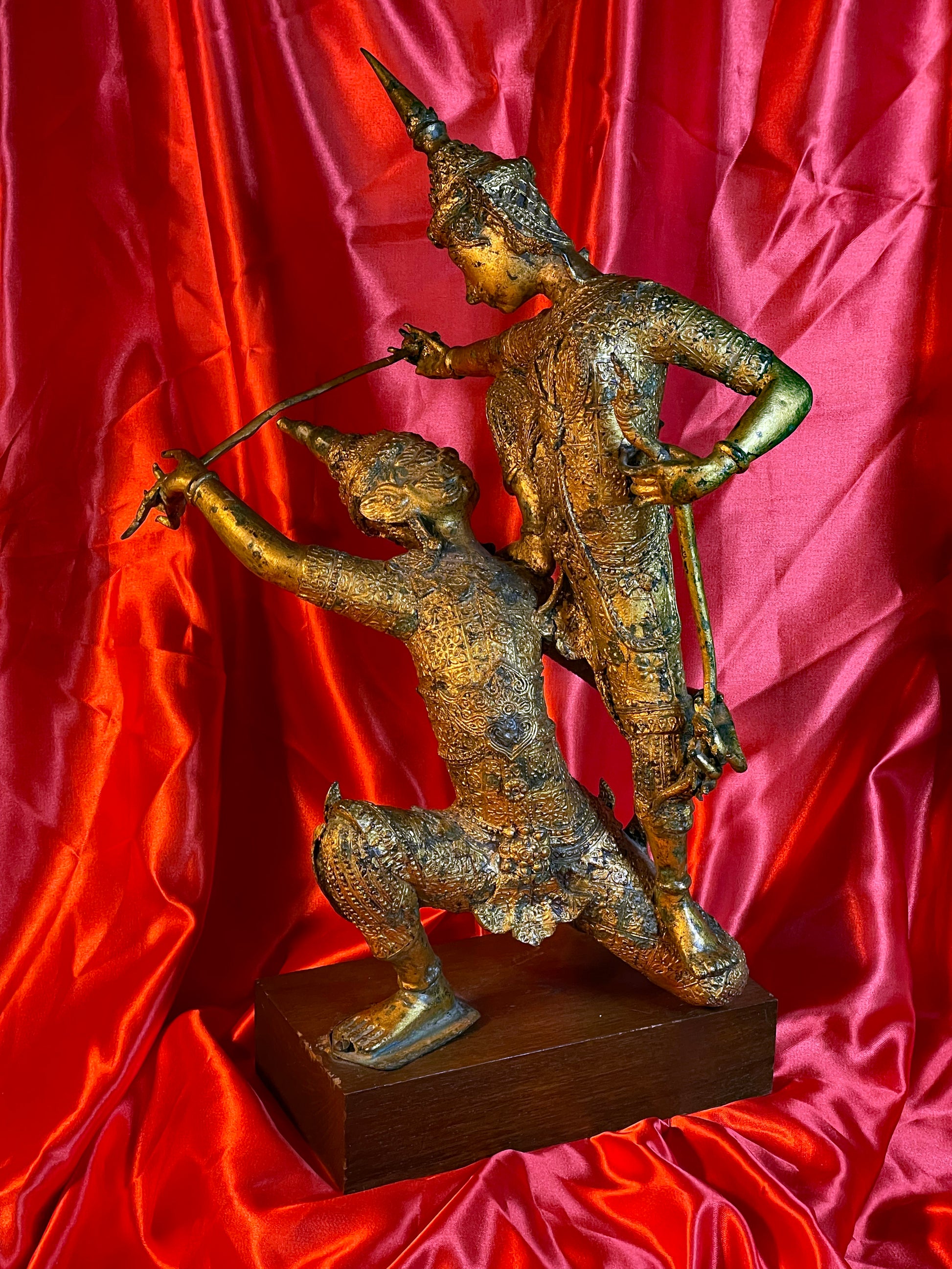 Thai bronze fighting temple guardians sculpture, three quarter view
