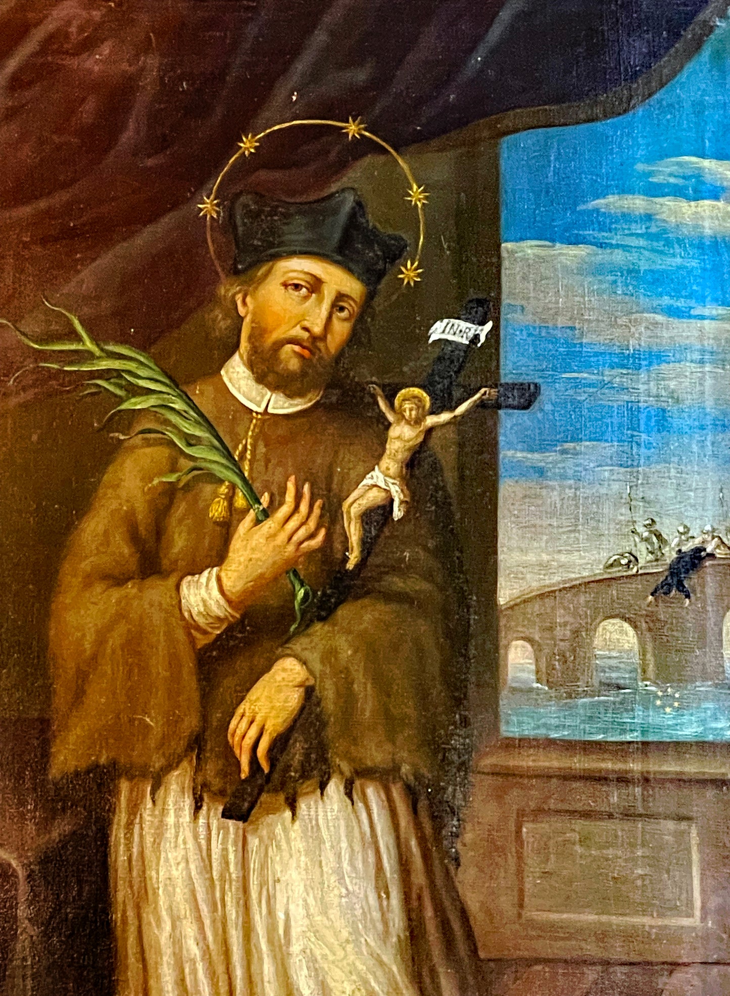 Antique Oil Painting of Saint John of Nepomuk (Joannes de Pomuk) – Rare “Bridge Saint” Iconography, Framed