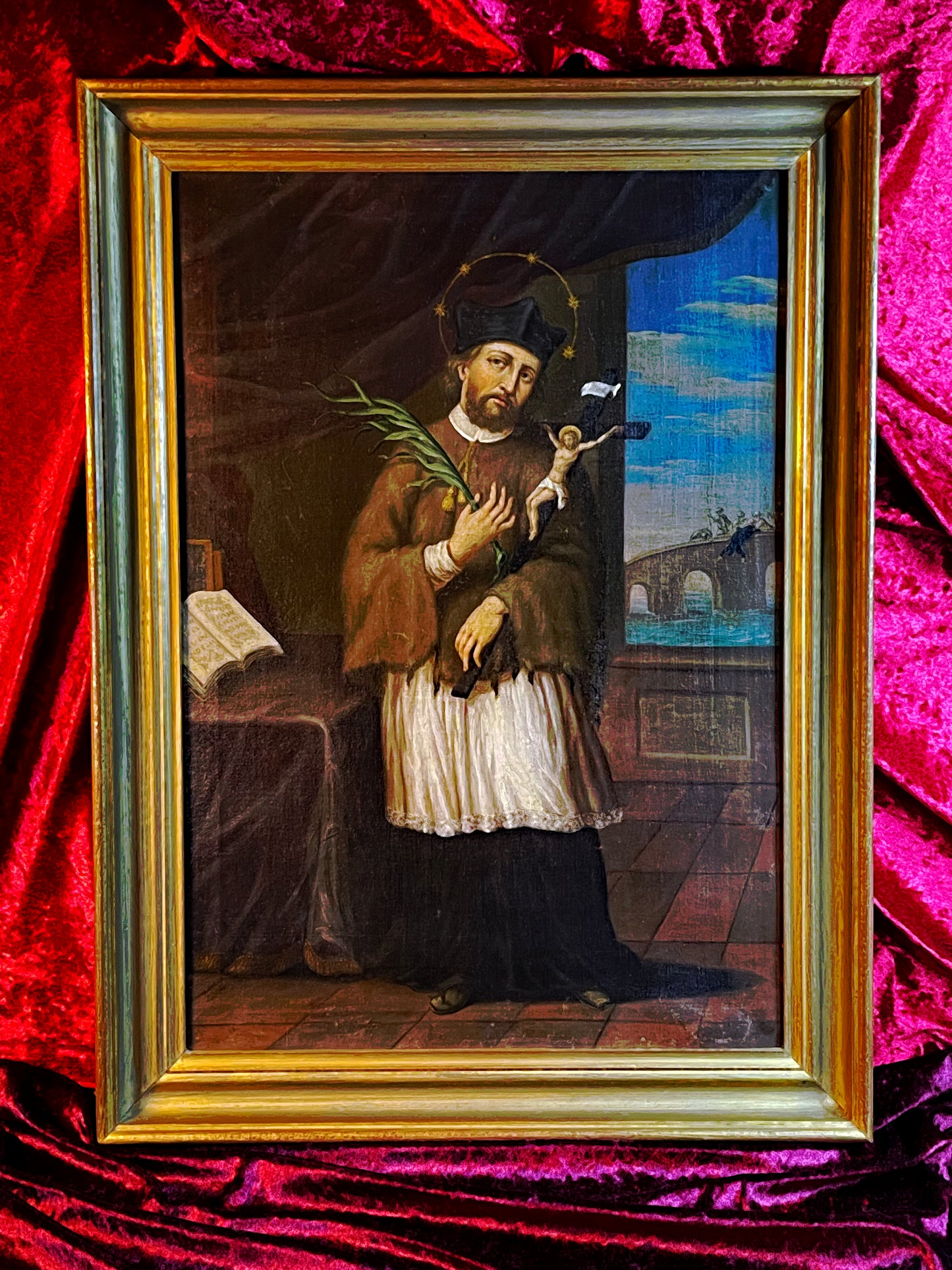 Antique Oil Painting of Saint John of Nepomuk (Joannes de Pomuk) – Rare “Bridge Saint” Iconography, Framed