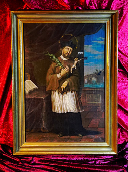Antique Oil Painting of Saint John of Nepomuk (Joannes de Pomuk) – Rare “Bridge Saint” Iconography, Framed