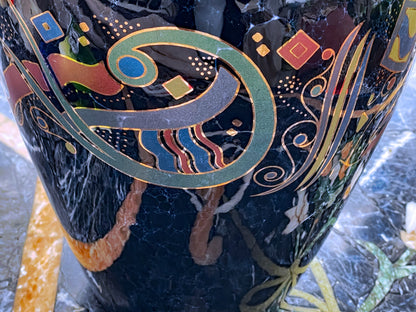 Postmodern Italian Glazed Ceramic Vase with Gilded Rim and Abstract Motifs – 1980s Studio Art Style