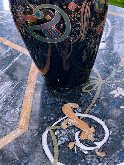 Postmodern Italian Glazed Ceramic Vase with Gilded Rim and Abstract Motifs – 1980s Studio Art Style