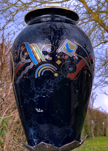 Postmodern Italian Glazed Ceramic Vase with Gilded Rim and Abstract Motifs – 1980s Studio Art Style