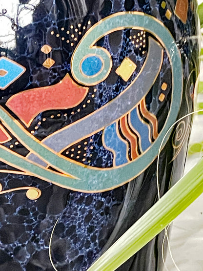 Postmodern Italian Glazed Ceramic Vase with Gilded Rim and Abstract Motifs – 1980s Studio Art Style