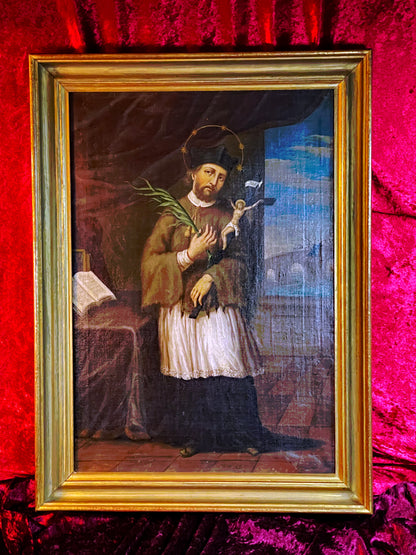 Antique Oil Painting of Saint John of Nepomuk (Joannes de Pomuk) – Rare “Bridge Saint” Iconography, Framed