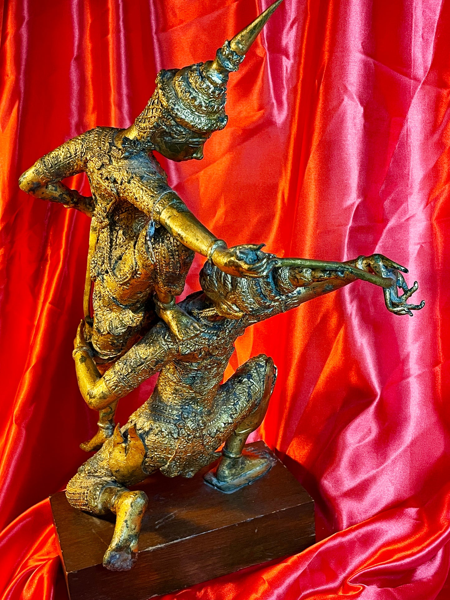 Antique Thai bronze temple guardians, opposite side profile
