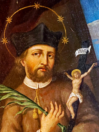 Antique Oil Painting of Saint John of Nepomuk (Joannes de Pomuk) – Rare “Bridge Saint” Iconography, Framed