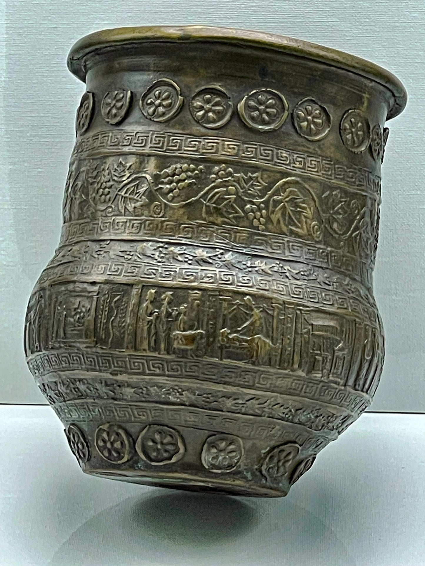 Ancient-Style Bronze Kalathos Vessel with Figural Reliefs and Floral Bands