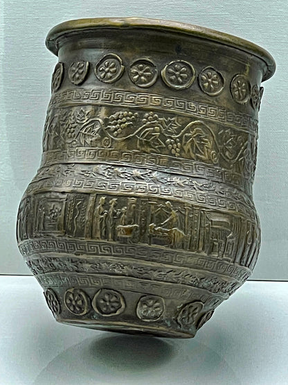 Ancient-Style Bronze Kalathos Vessel with Figural Reliefs and Floral Bands