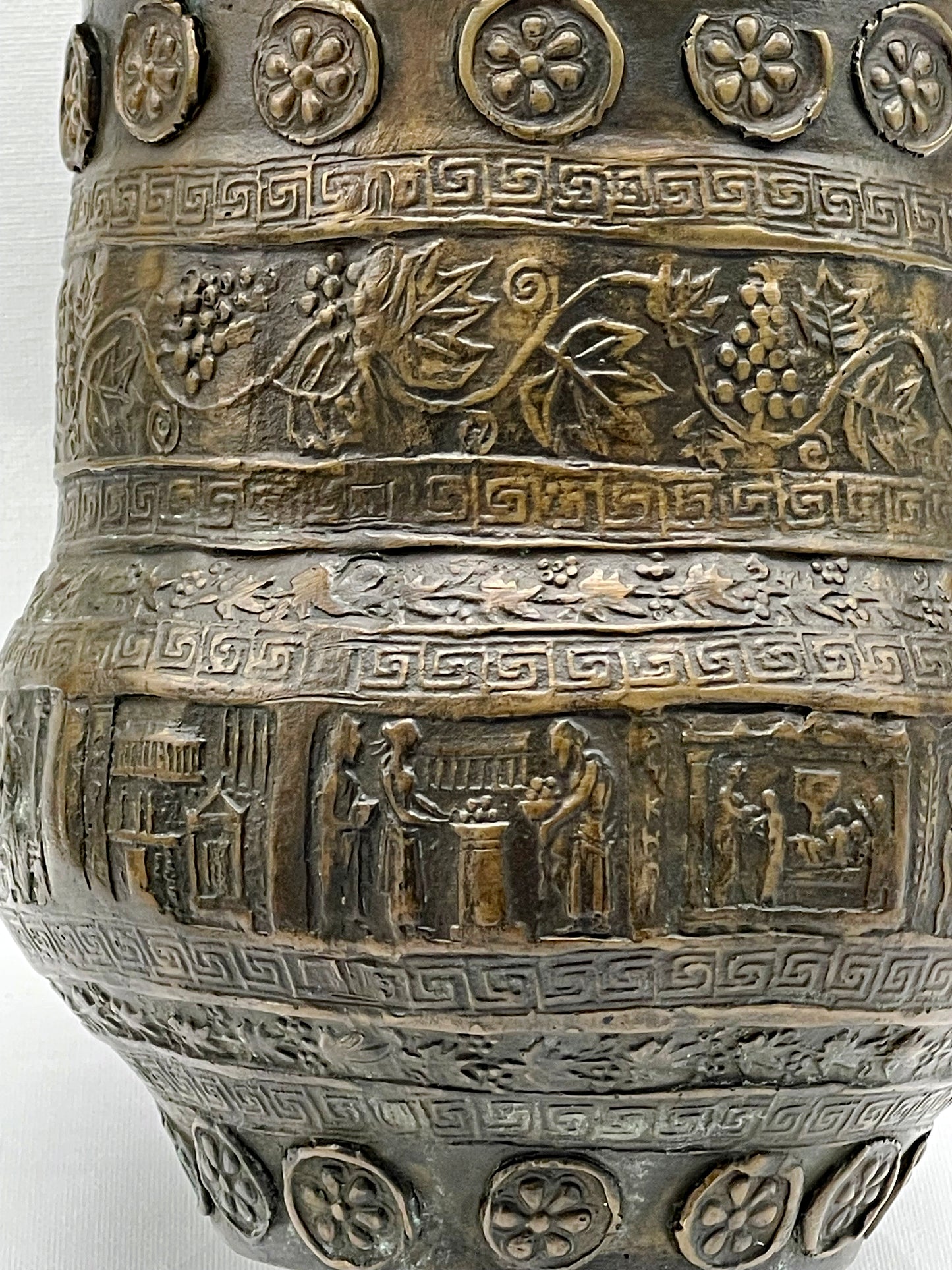 Ancient-Style Bronze Kalathos Vessel with Figural Reliefs and Floral Bands