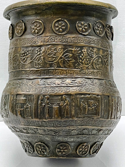 Ancient-Style Bronze Kalathos Vessel with Figural Reliefs and Floral Bands