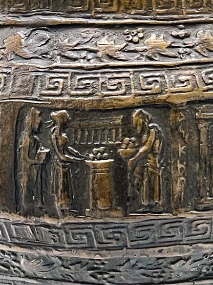 Ancient-Style Bronze Kalathos Vessel with Figural Reliefs and Floral Bands