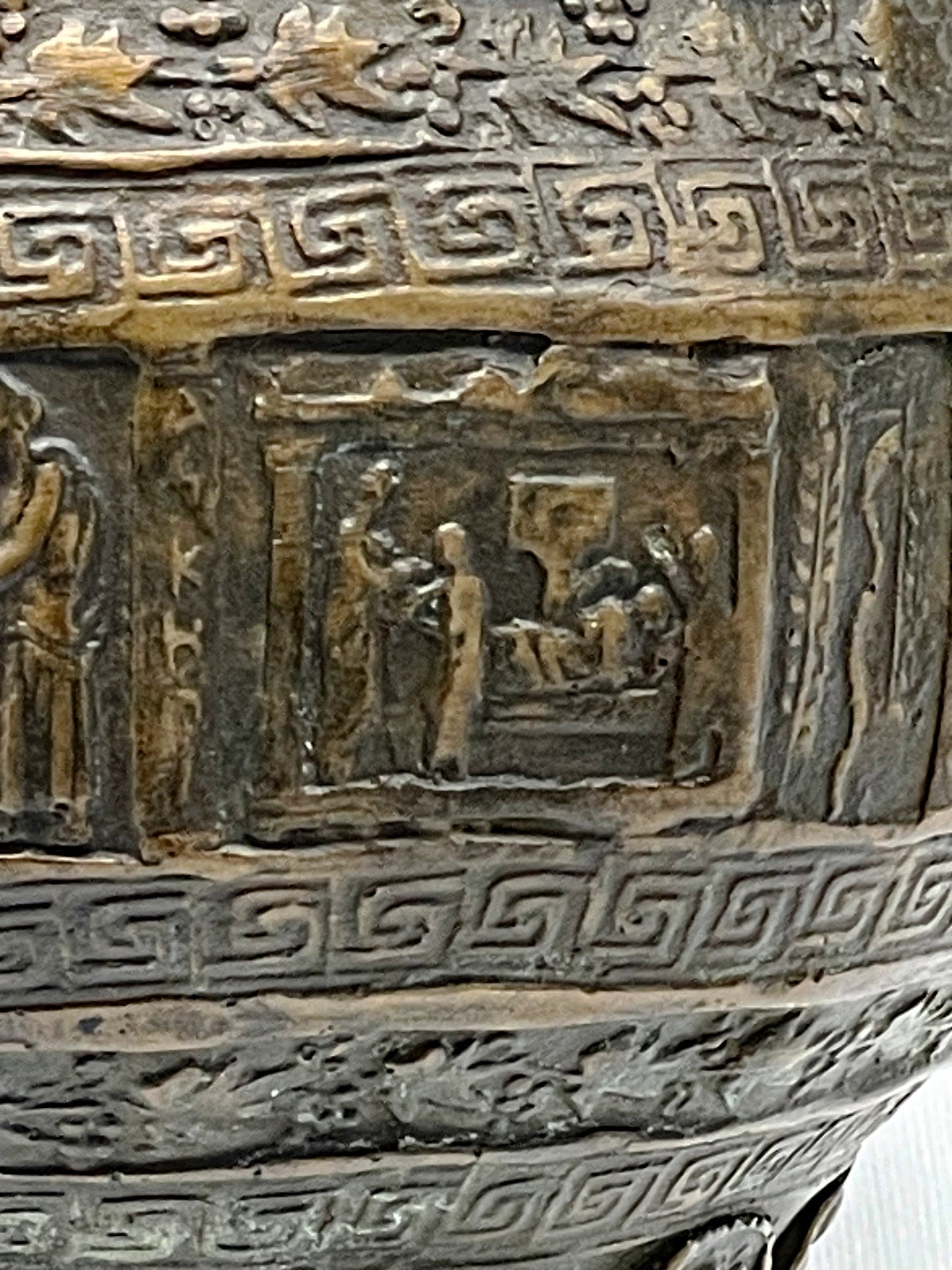 Ancient-Style Bronze Kalathos Vessel with Figural Reliefs and Floral Bands