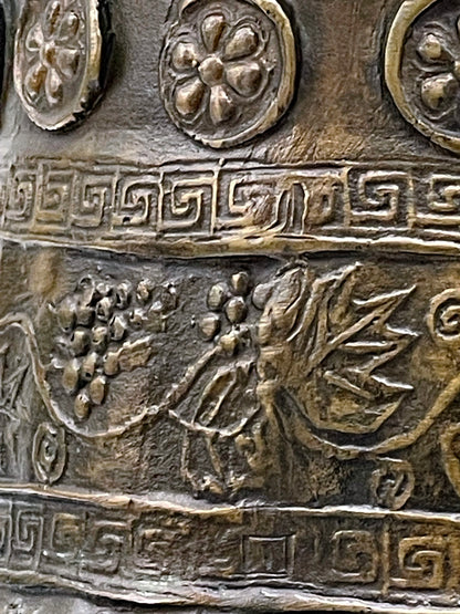 Ancient-Style Bronze Kalathos Vessel with Figural Reliefs and Floral Bands