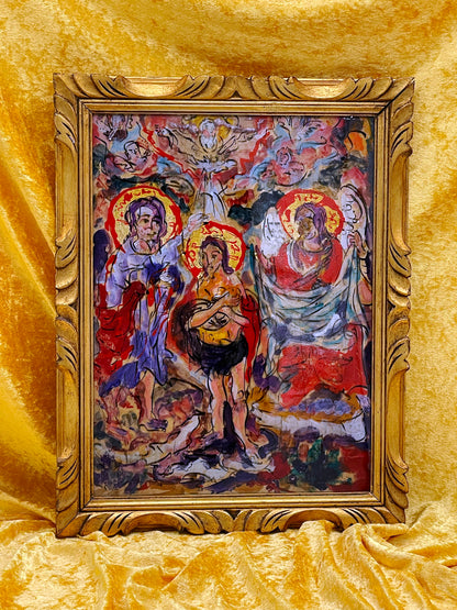 Original On-Glass Baptism of Christ – Expressive Religious Painting in Ornate Gilded Frame