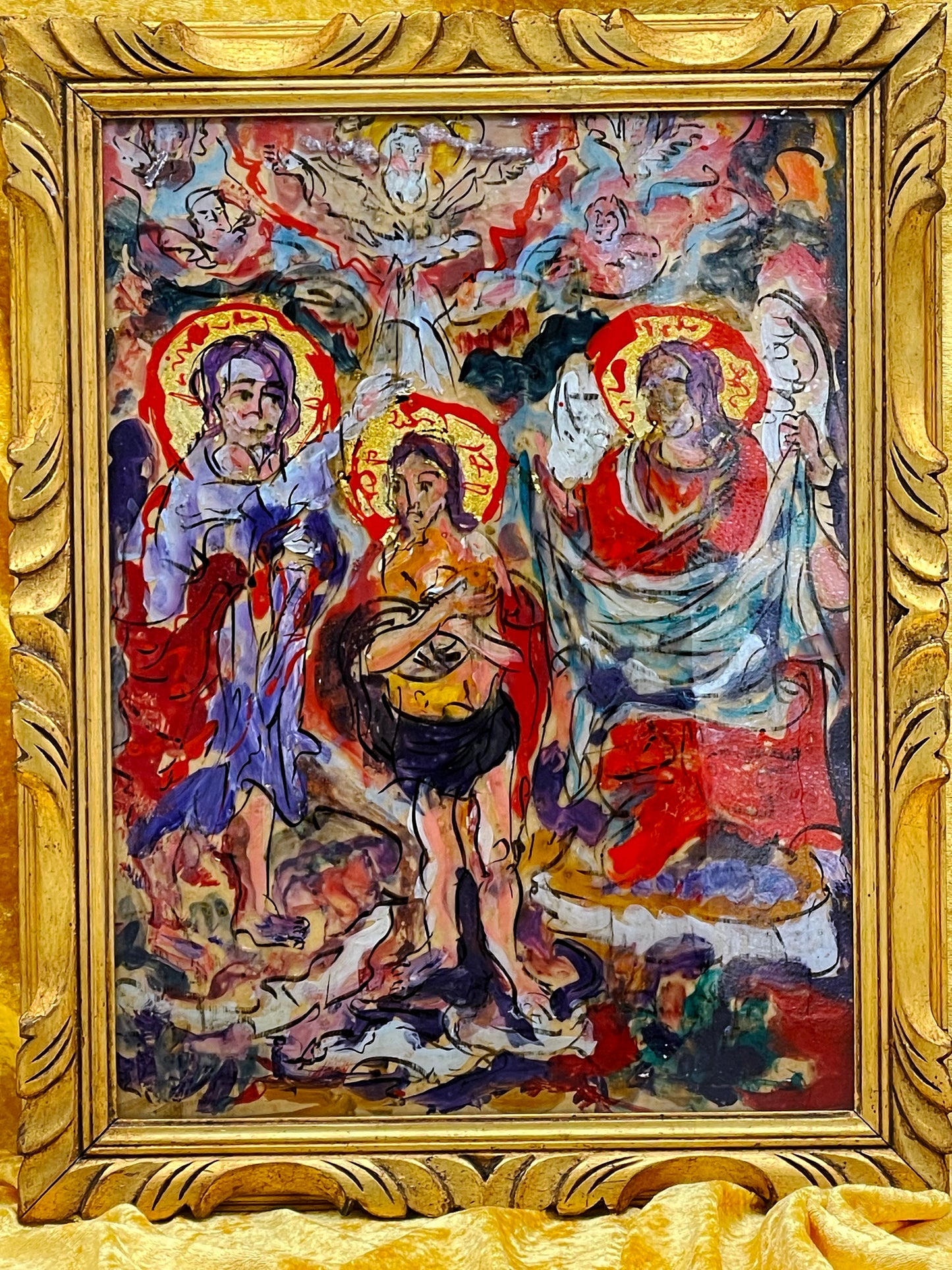 Original On-Glass Baptism of Christ – Expressive Religious Painting in Ornate Gilded Frame