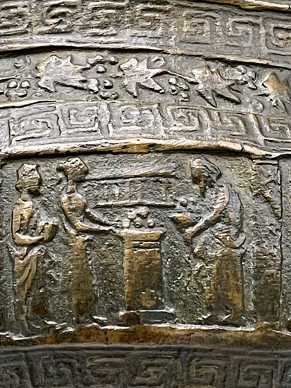 Ancient-Style Bronze Kalathos Vessel with Figural Reliefs and Floral Bands
