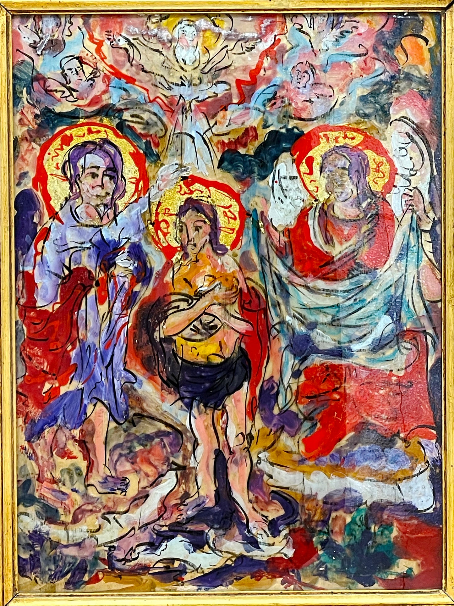 Original On-Glass Baptism of Christ – Expressive Religious Painting in Ornate Gilded Frame