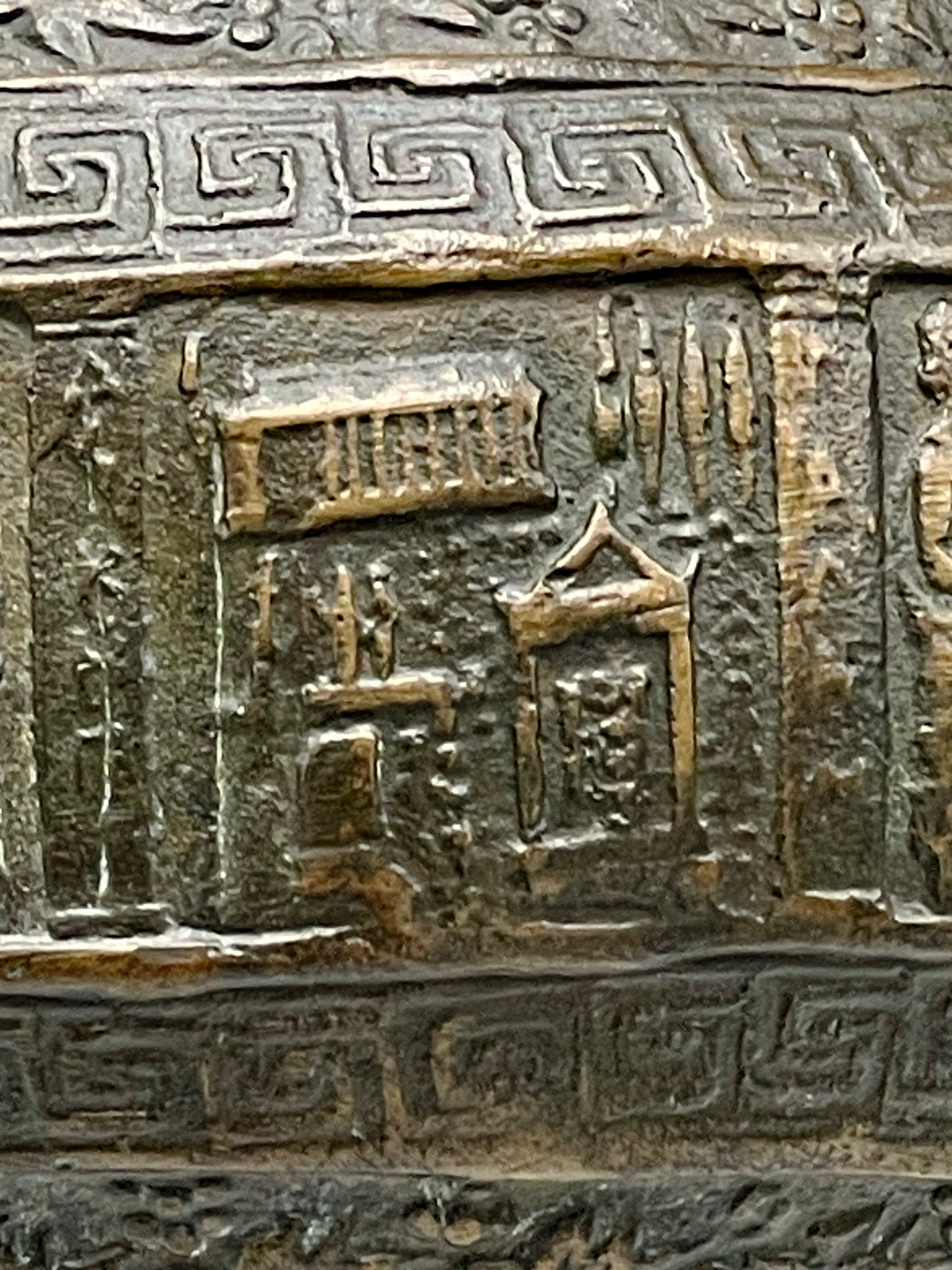 Ancient-Style Bronze Kalathos Vessel with Figural Reliefs and Floral Bands