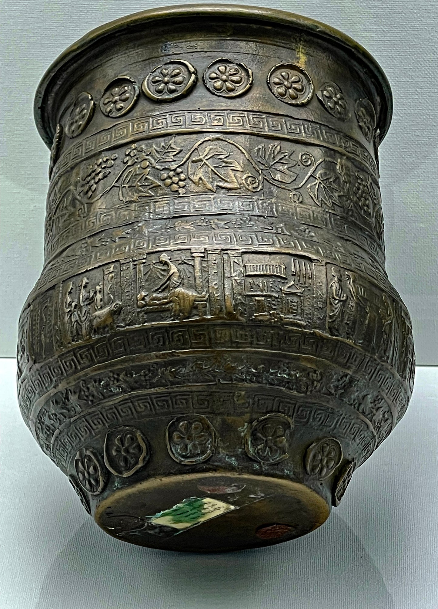 Ancient-Style Bronze Kalathos Vessel with Figural Reliefs and Floral Bands