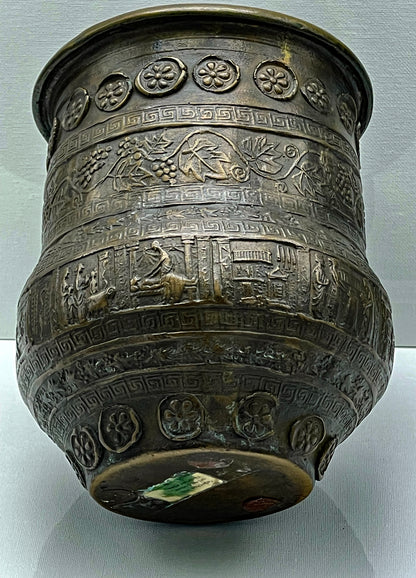 Ancient-Style Bronze Kalathos Vessel with Figural Reliefs and Floral Bands