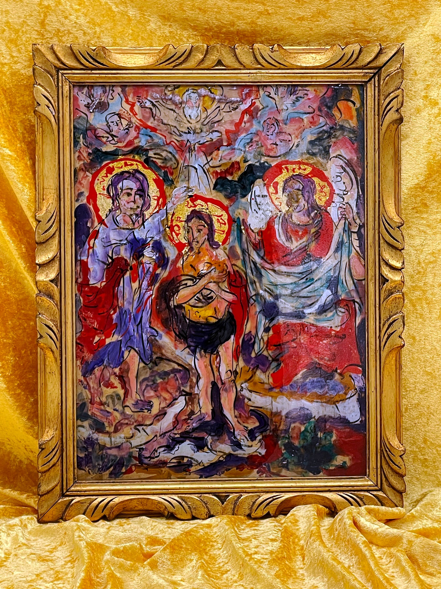 Original On-Glass Baptism of Christ – Expressive Religious Painting in Ornate Gilded Frame