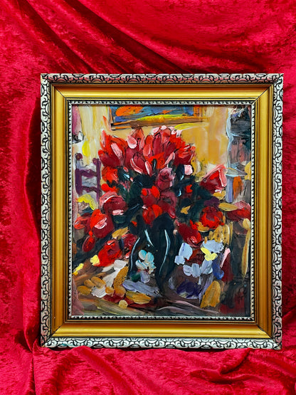 Original On-Glass Tulip Painting by João A. Martinez – Vibrant Floral Artwork, Framed (31 × 36 cm)