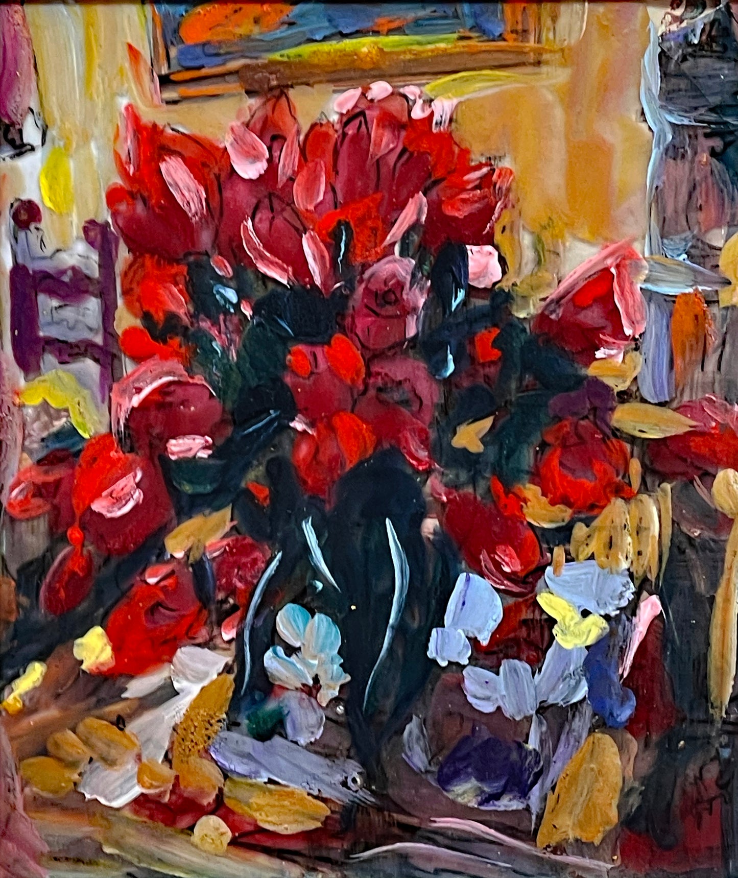 Original On-Glass Tulip Painting by João A. Martinez – Vibrant Floral Artwork, Framed (31 × 36 cm)