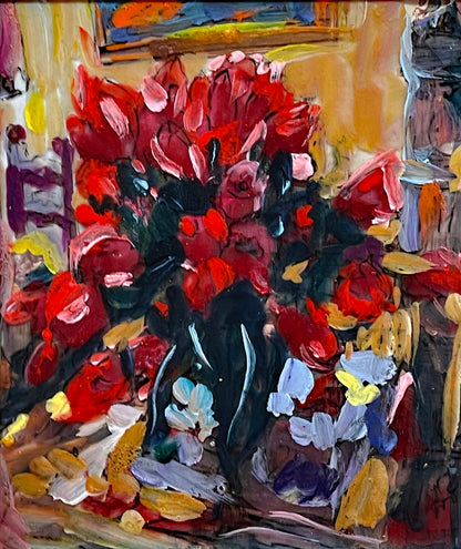 Original On-Glass Tulip Painting by João A. Martinez – Vibrant Floral Artwork, Framed (31 × 36 cm)