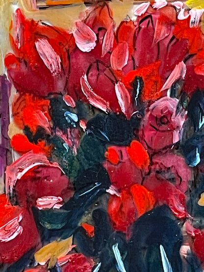 Original On-Glass Tulip Painting by João A. Martinez – Vibrant Floral Artwork, Framed (31 × 36 cm)