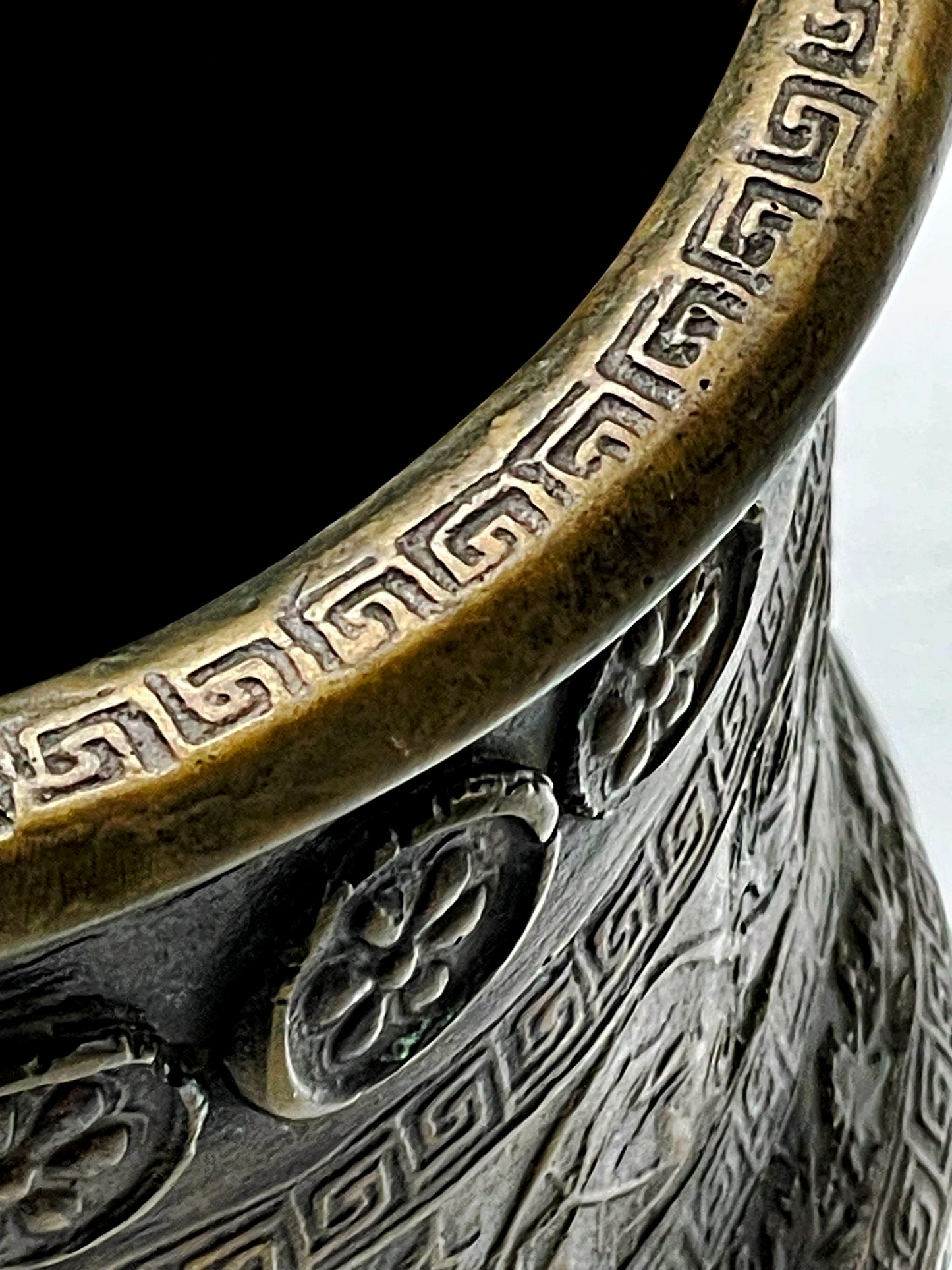 Ancient-Style Bronze Kalathos Vessel with Figural Reliefs and Floral Bands