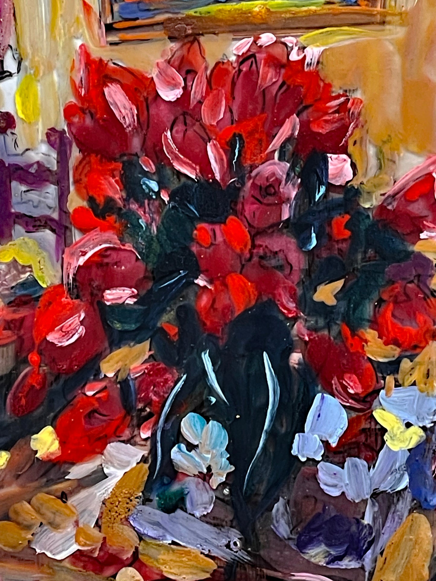 Original On-Glass Tulip Painting by João A. Martinez – Vibrant Floral Artwork, Framed (31 × 36 cm)