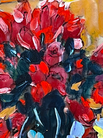 Original On-Glass Tulip Painting by João A. Martinez – Vibrant Floral Artwork, Framed (31 × 36 cm)