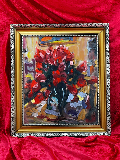 Original On-Glass Tulip Painting by João A. Martinez – Vibrant Floral Artwork, Framed (31 × 36 cm)