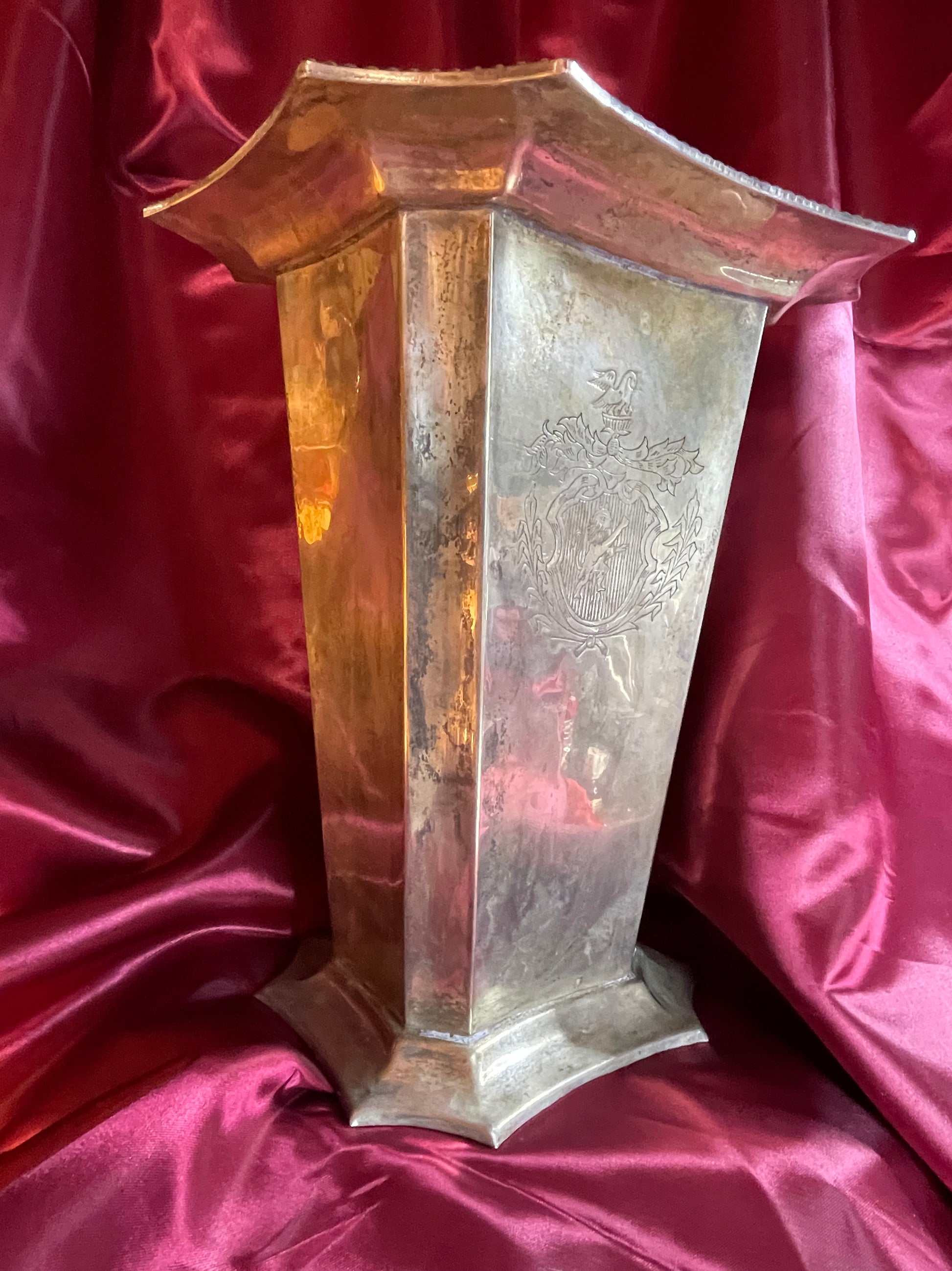 Art Deco octagonal silver plated wine cooler with flared gadrooned rim, angled view