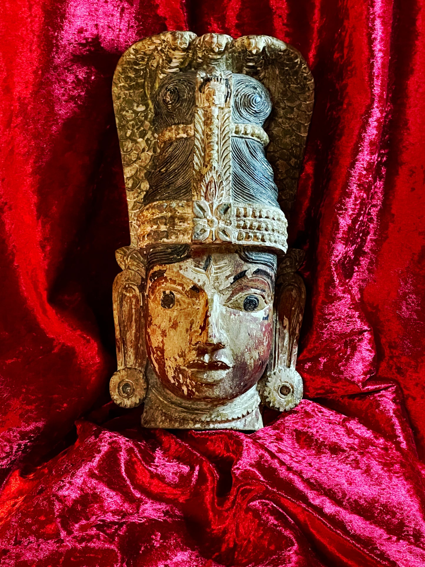 Antique South Indian Naga deity temple mask, front view, hand-carved polychrome wood, 18th-19th century