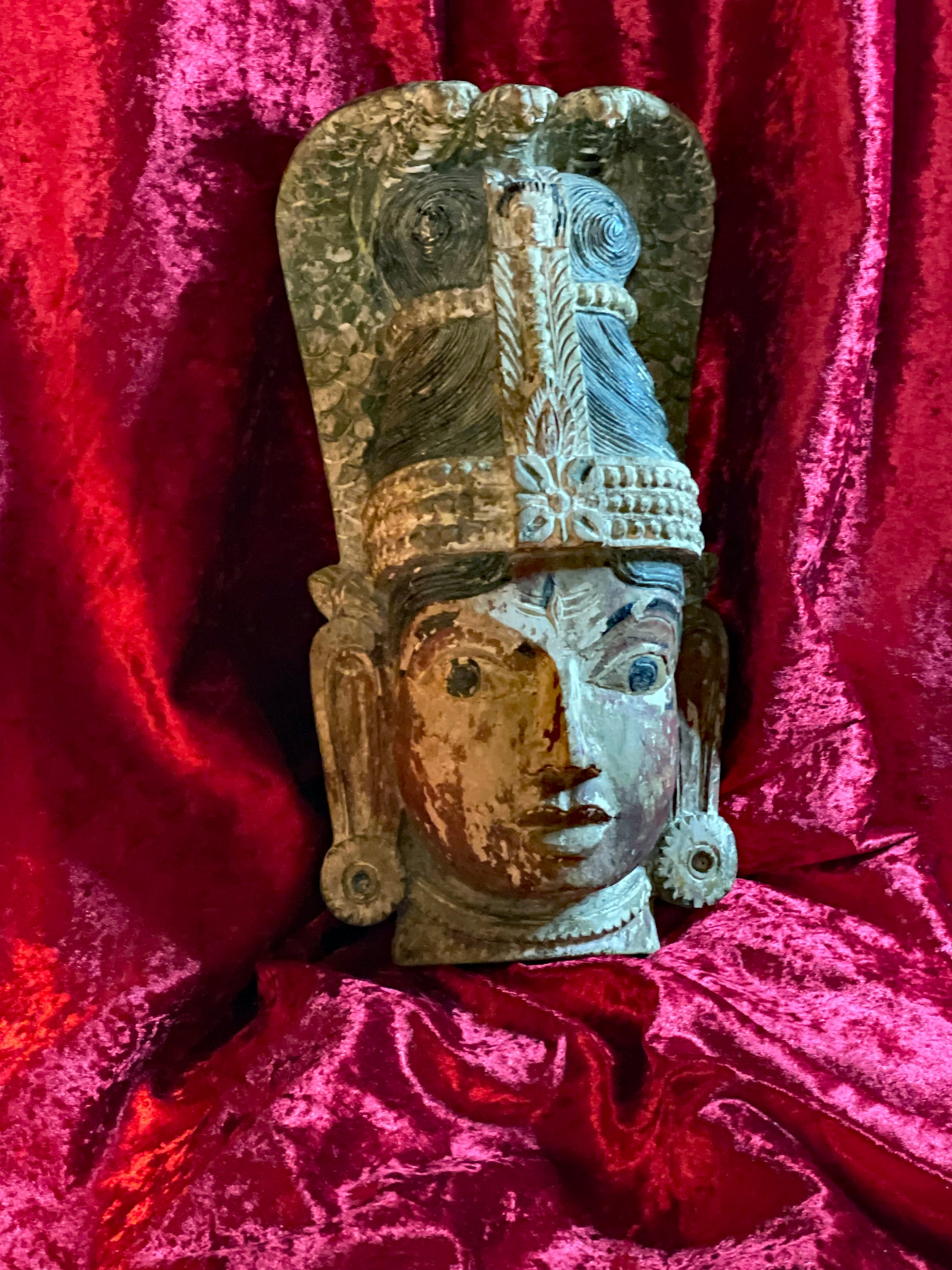 Naga temple mask three-quarter left view, polychrome wood